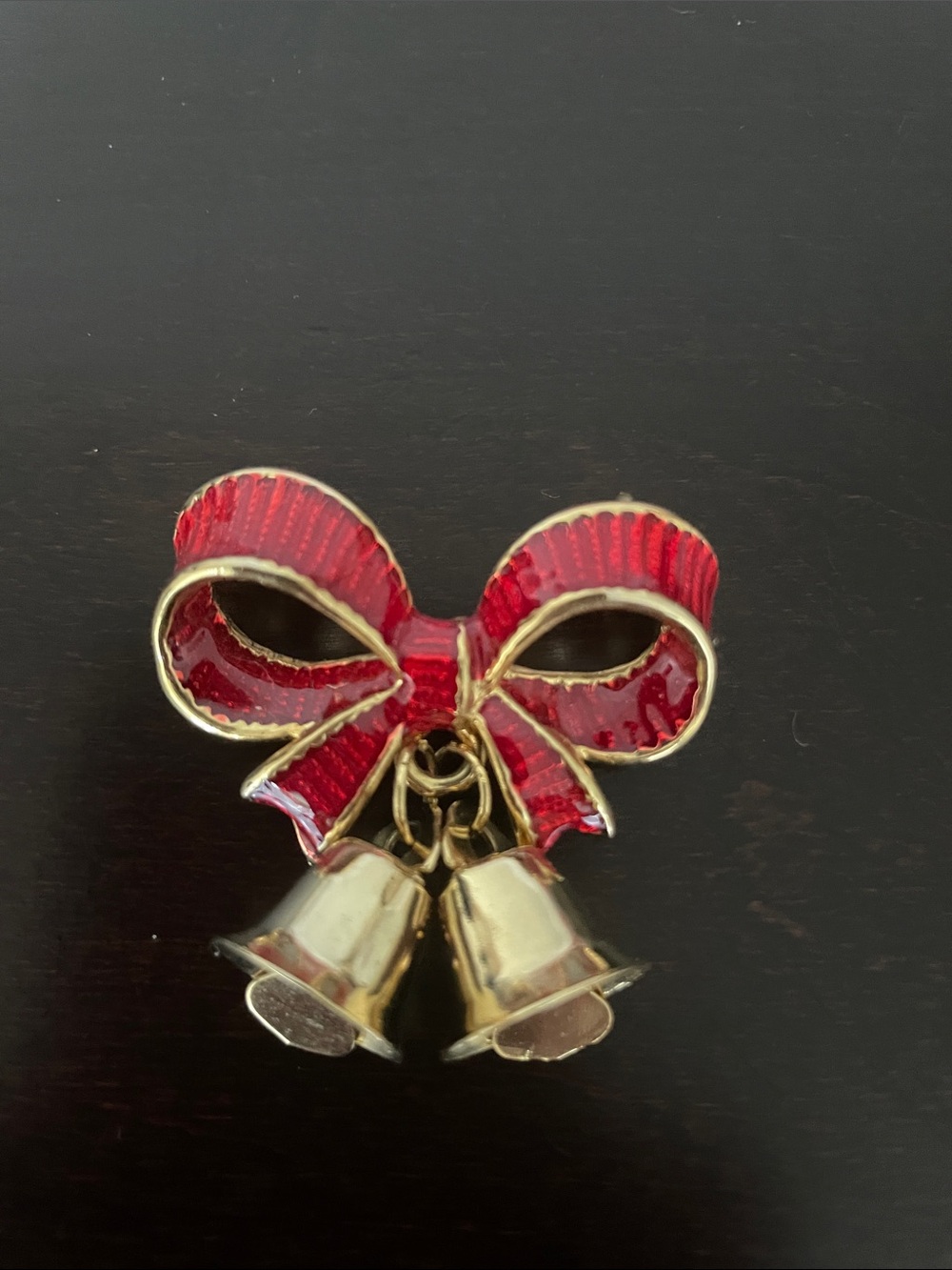 Gold Bell Bow Necklace Charm with Red Enamel - Women Jewelry
